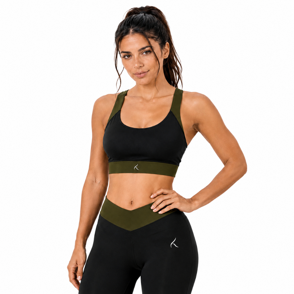 Conjunto Fitness Feminino Top + Legging Cintura Alta Preto Verde Militar KYRAVA